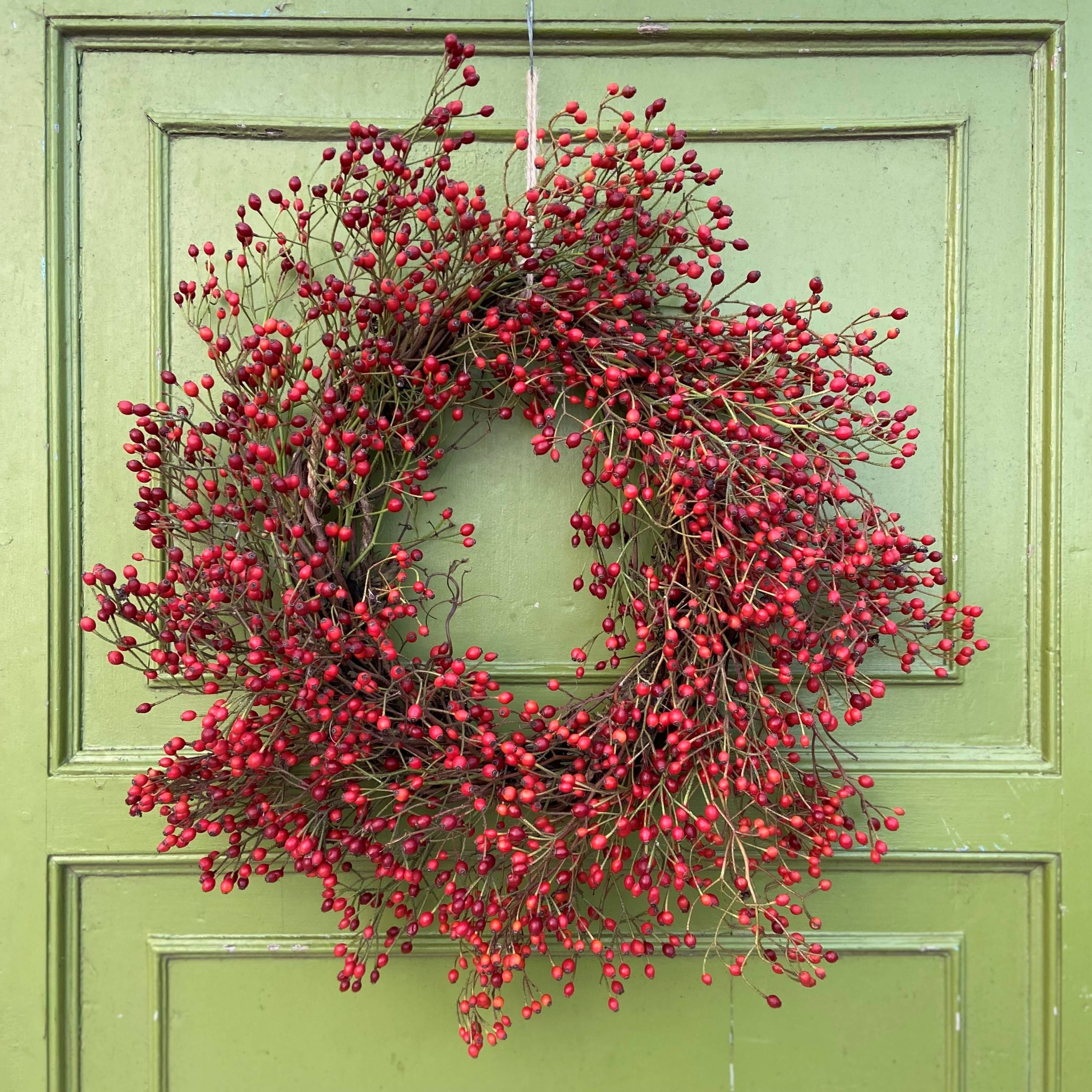 SQ Christmas Rosehip Door Wreath On Green Door